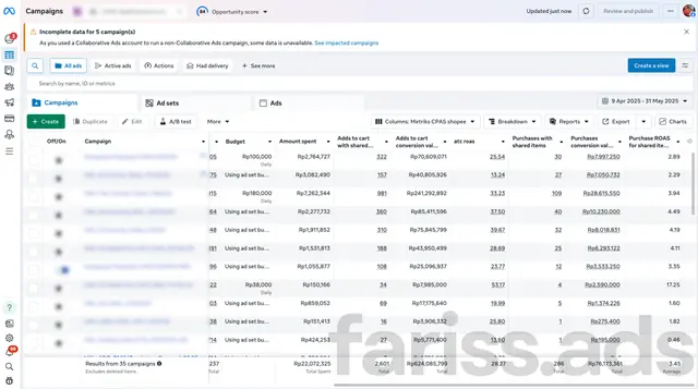 Screenshot dashboard CPAS Shopee, Client 5