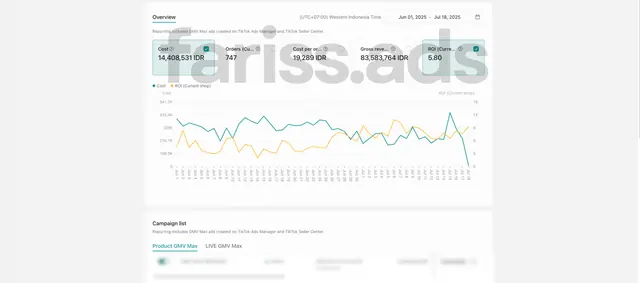 Screenshot dashboard TikTok Ads, Client 10